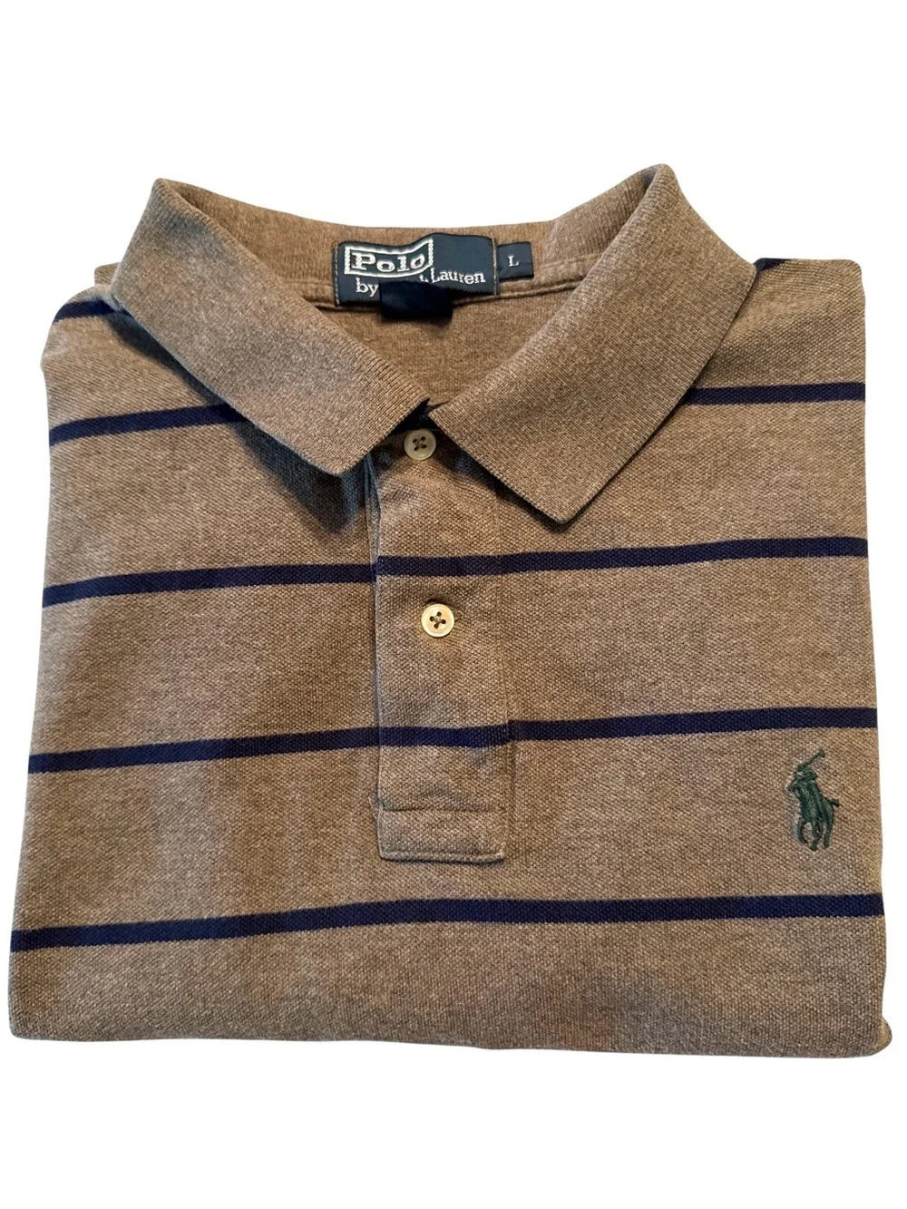 Polo by Ralph Lauren Shirt Mens Brown Navy Blue Striped Short Sleeve Polo Large